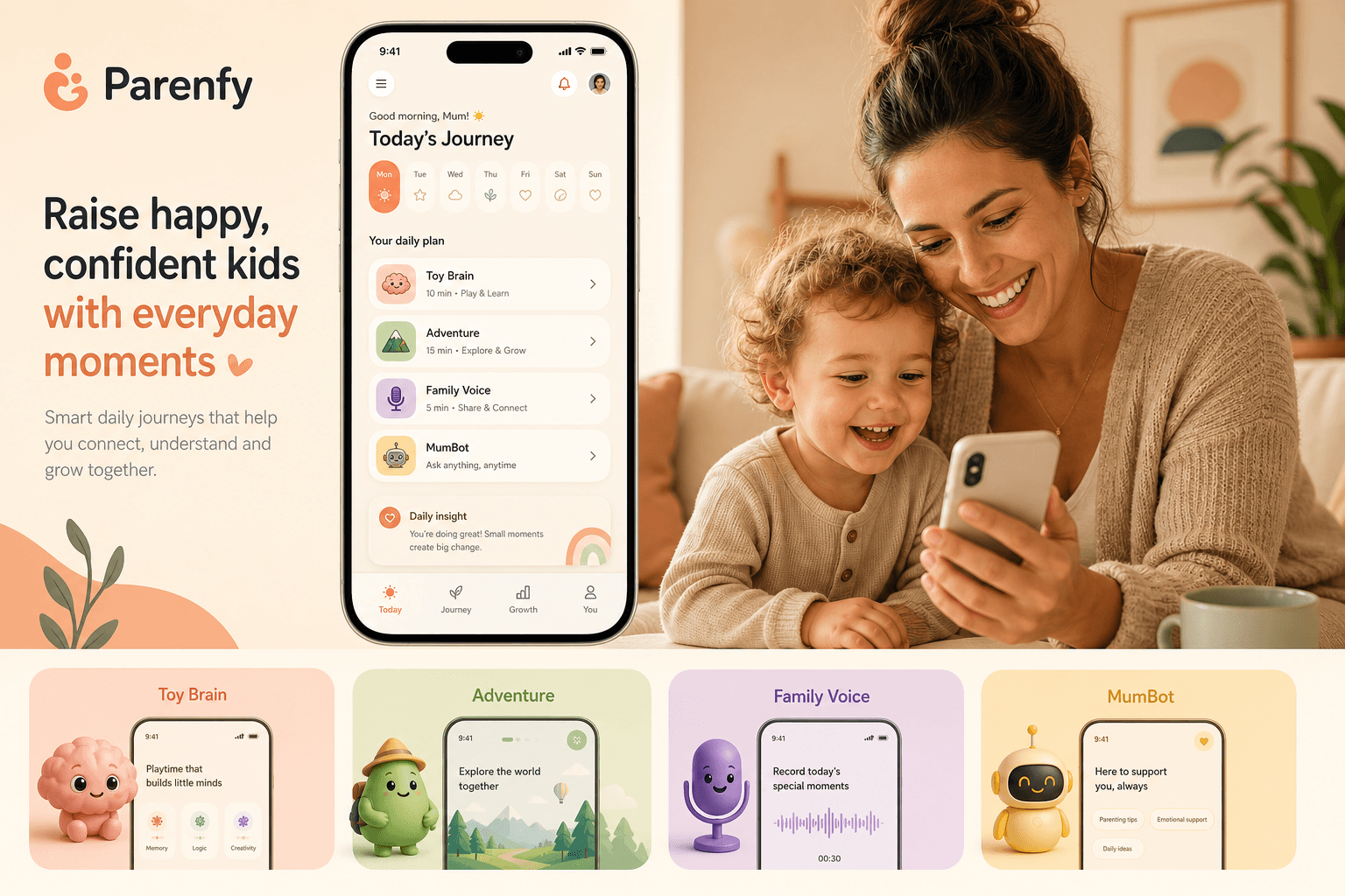 Parenfy app on phone with mother and child