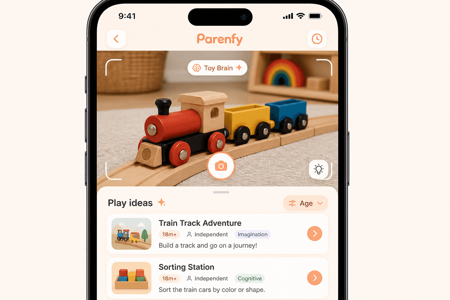 Toy Brain app showing toy recognition and personalised play activities